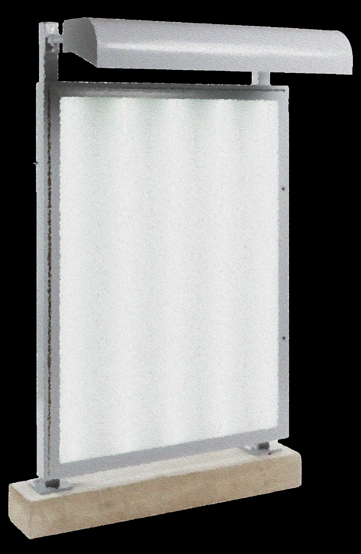 Minimalist window or glass panel installation with aluminum frame, light wood base, and horizontal metal overhang detail by Madeline Isakson.