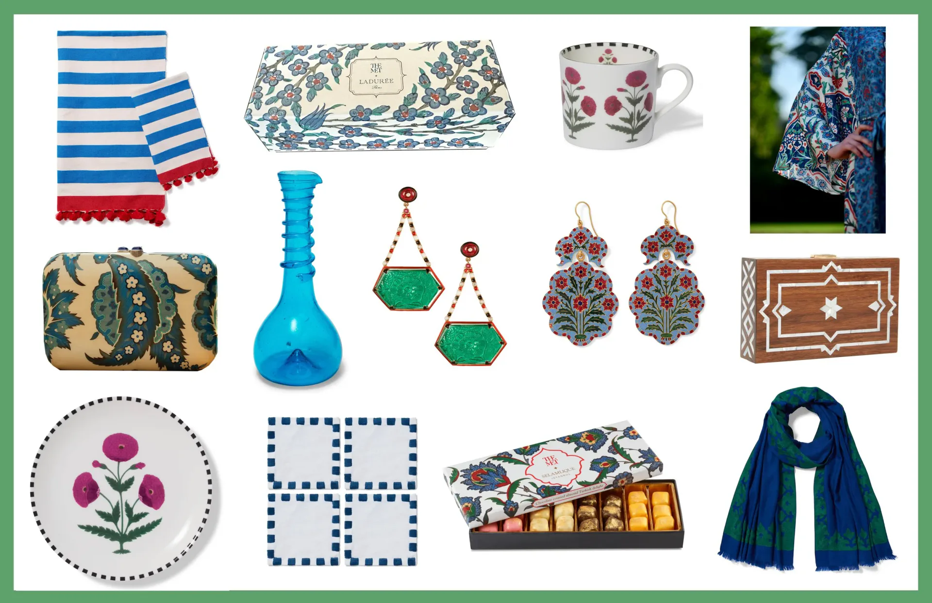 Curated collection of Madeline Weinrib's decorative designs including patterned textiles, ceramics, glassware, jewelry, and home accessories with rich botanical and geometric motifs.