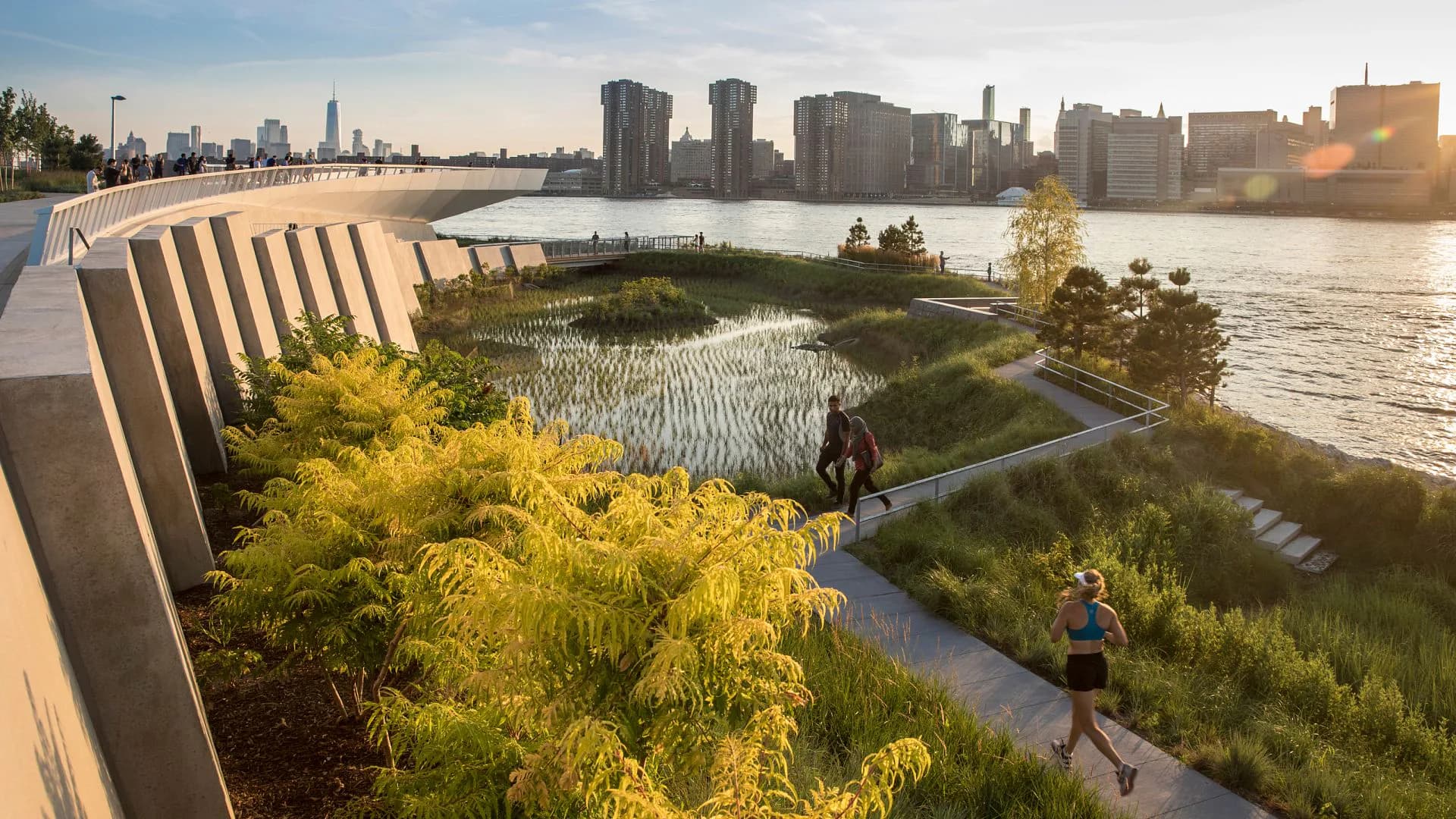 Waterfront park with native plantings, curved wooden seating wall, and Manhattan skyline views, by Marion Weiss.