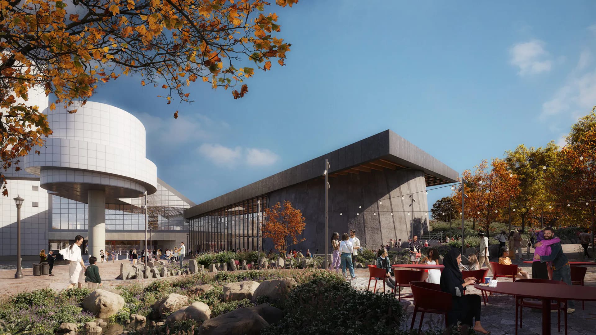 Modern architectural rendering of a public building complex with cylindrical white tower, dark cantilevered structure, and autumn landscape featuring people in outdoor plaza by Mark Faulkner.