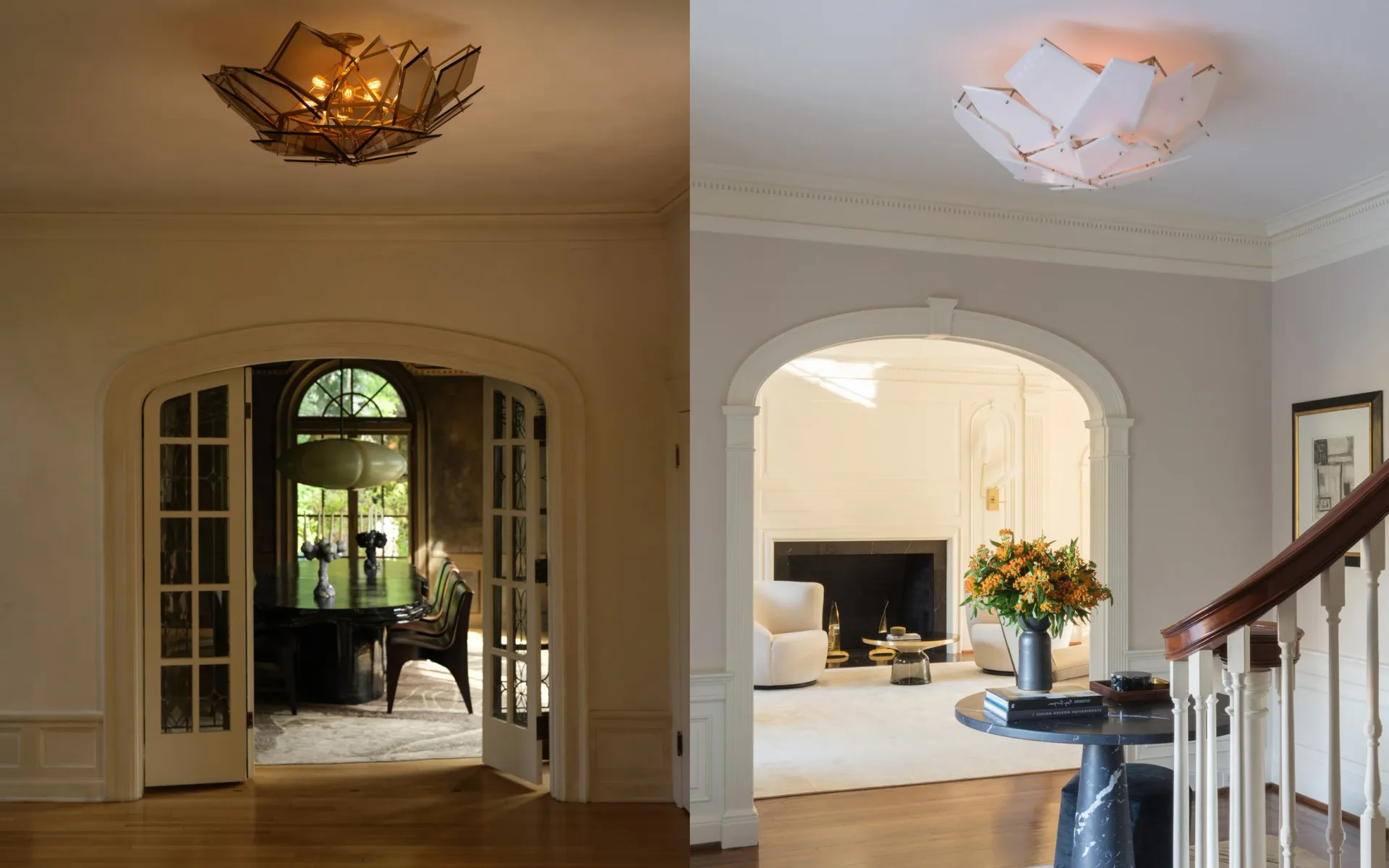 Two interior spaces featuring elegant archways and refined details: a warm golden room with a lotus-form ceiling fixture and French doors, and a bright foyer with a curved doorway, fireplace, and staircase by Mary Wallis.