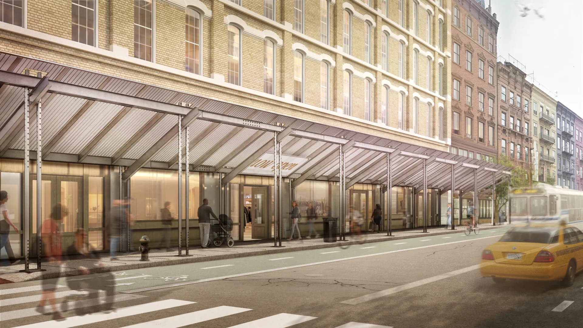 Modern street-level retail storefront with extensive glazing and metal framework, featuring synthetic pedestrians and yellow taxi, designed by Mateo Fernández-Muro.