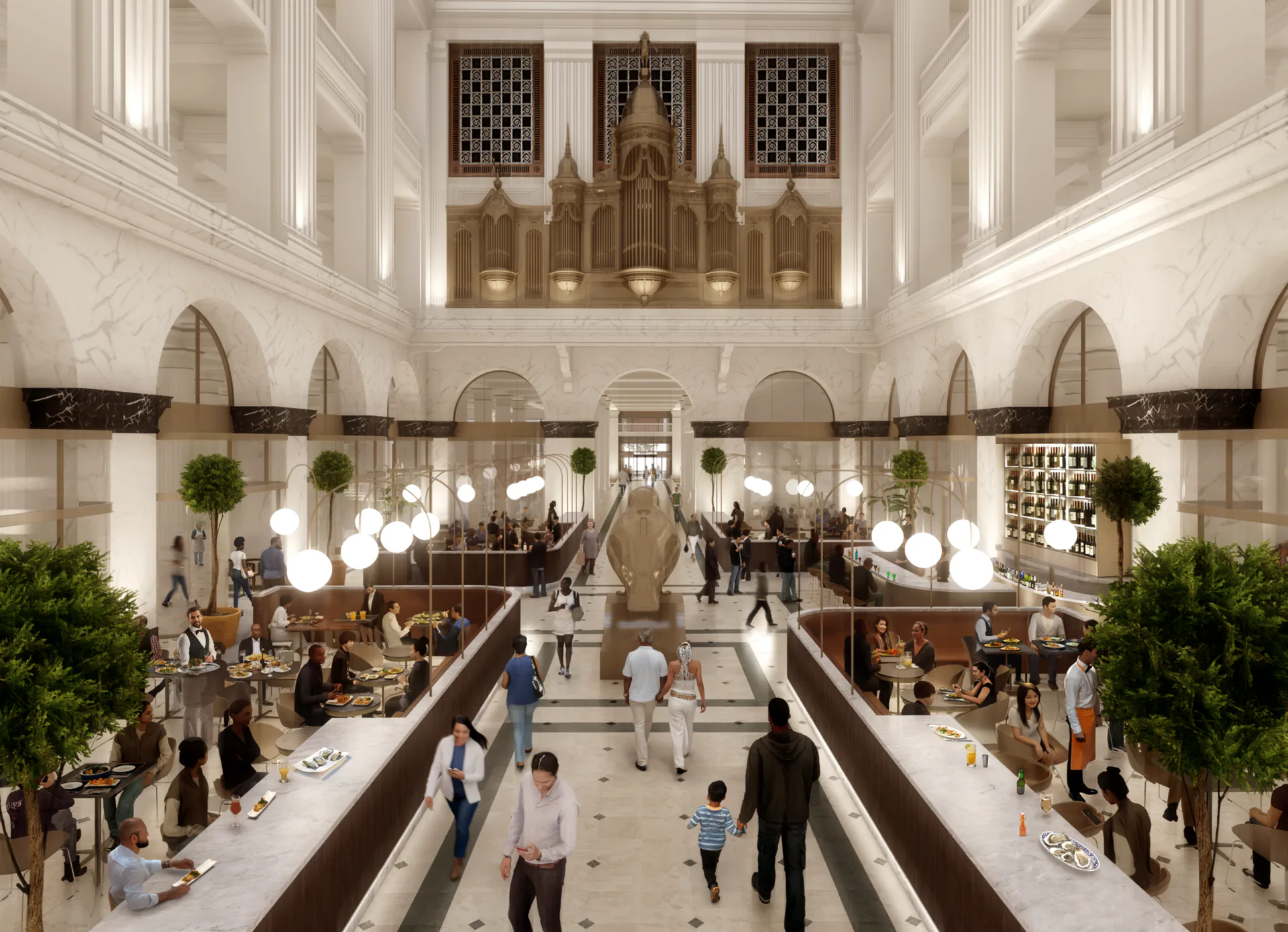 Grand neoclassical interior with soaring coffered ceiling, organ, dual staircases, and symmetrical arcaded galleries with planted greenery by Mateo Fernández-Muro.
