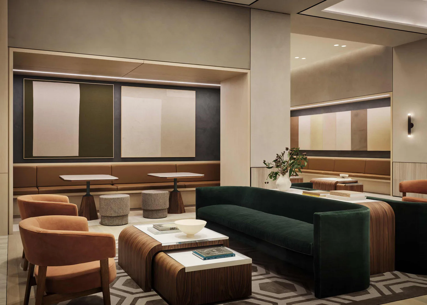 A modern lounge interior with terracotta and black upholstered seating, wooden accents, geometric patterned flooring, and floor-to-ceiling windows with horizontal paneling by Matilde Pietrabissa.