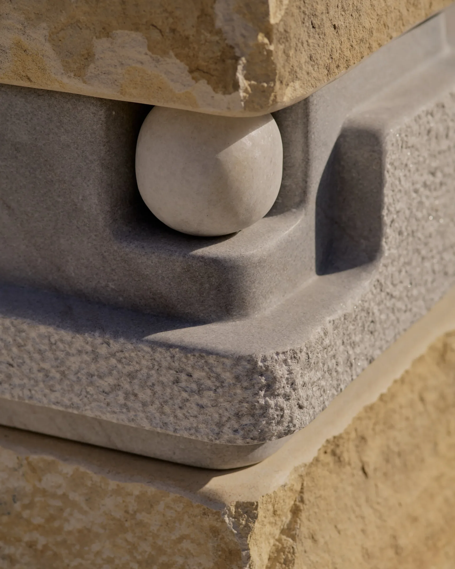 Minimalist stone architectural detail featuring a spherical white element nestled in curved concrete forms, showcasing precise material craftsmanship by Matthew Byrd.