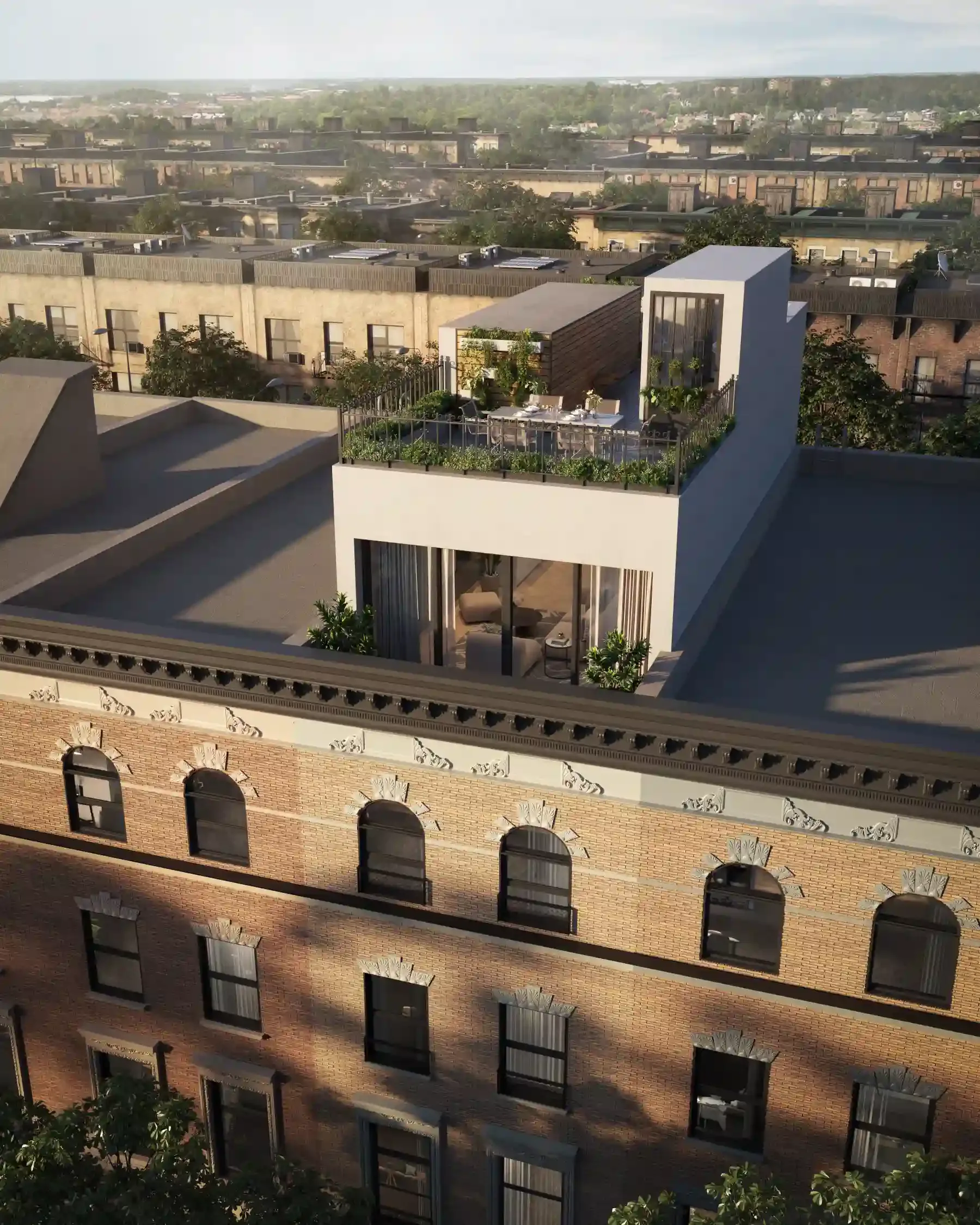 Modern rooftop extension with white cubic forms, floor-to-ceiling glazing, and planted terraces overlooking London suburbs, designed by Matthew Ruopoli.