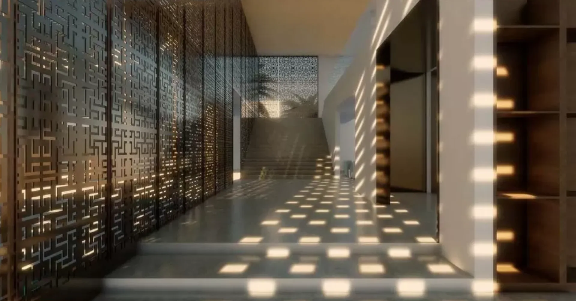 A corridor with perforated metal screens casting geometric shadows on polished flooring, illuminated by warm ambient lighting along white walls and shelving by Matthew Tirschwell.