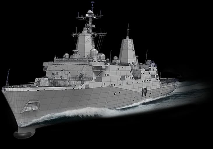 Sleek naval military vessel with detailed superstructure, radar arrays, and hull design shown in CGI rendering by Maureen Glynn.