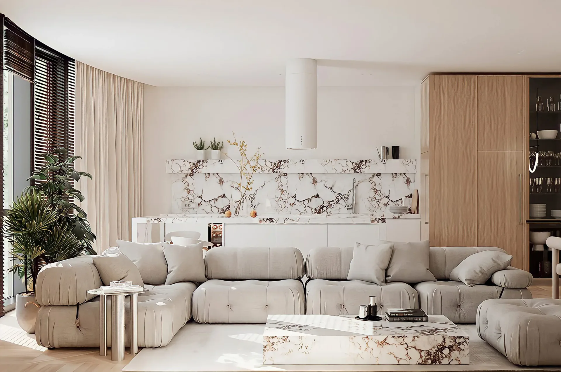 A luxurious living room with curved modular beige sectional sofa, floral wallpaper accent wall, warm wood cabinetry, and minimalist decor by May WU.