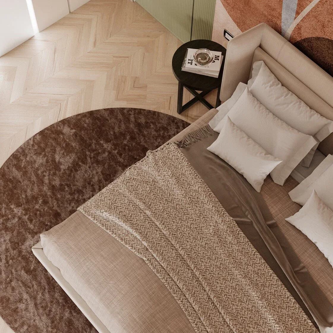 Overhead view of a bedroom interior with herringbone wood flooring, neutral-toned bedding, brown circular rug, and minimalist furnishings by May WU.