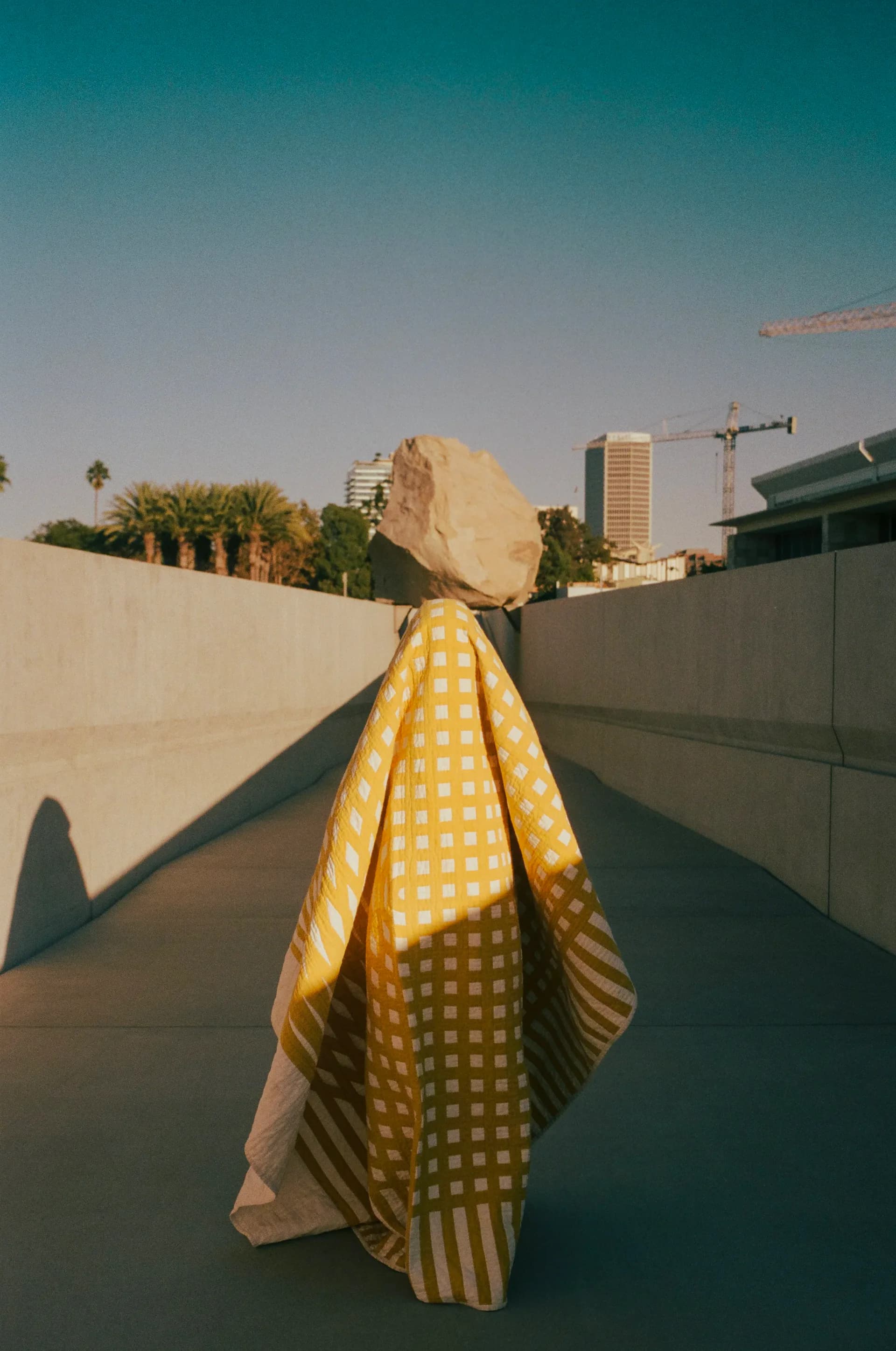 A figure wrapped in a golden-yellow patterned textile stands on a rooftop terrace with concrete walls, urban skyline, and palm trees visible beyond, by Meg Callahan.