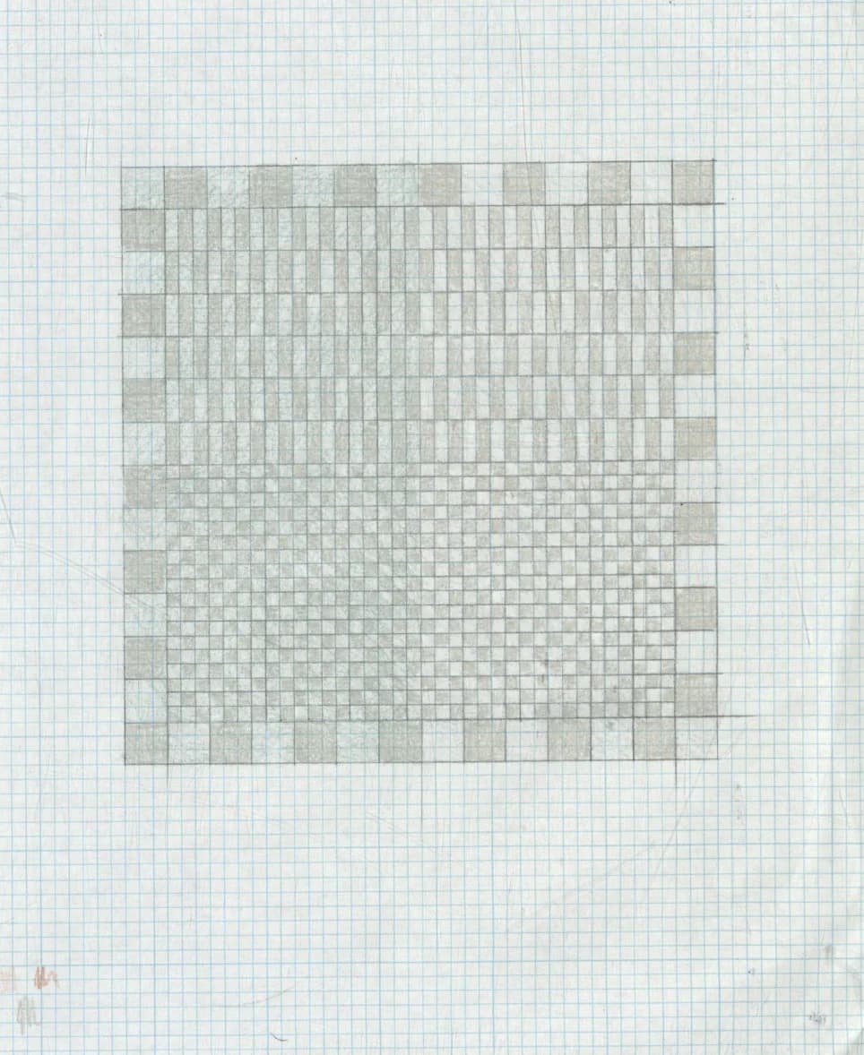 Pixelated gradient pattern transitioning from dense grid at top to sparse checkerboard at bottom in grayscale tones, a digital design study by Meg Callahan.