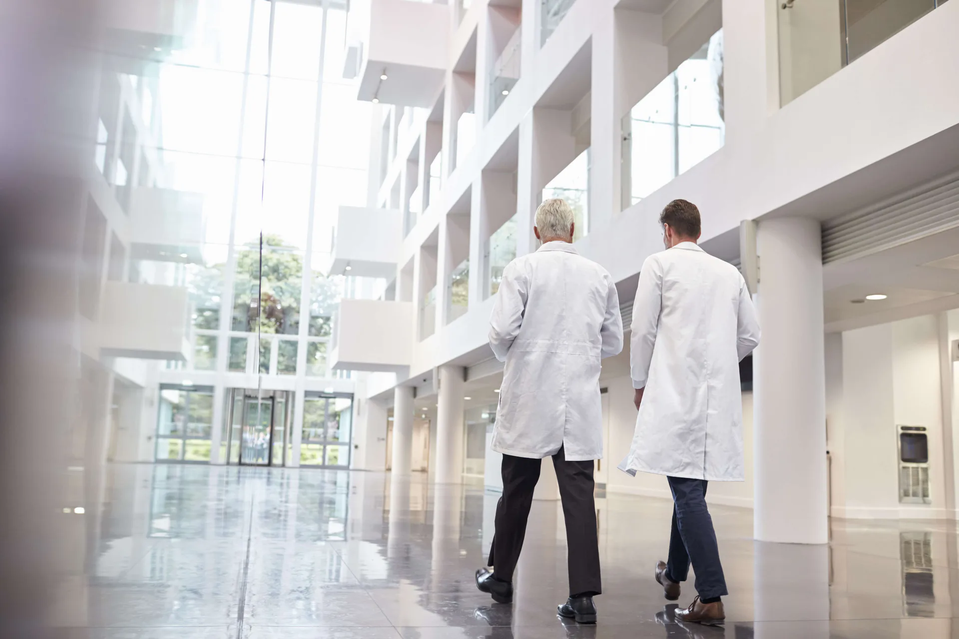 Two figures in white lab coats walk through a bright, minimalist healthcare corridor with floor-to-ceiling windows and clean architectural lines by Meir Tessler.