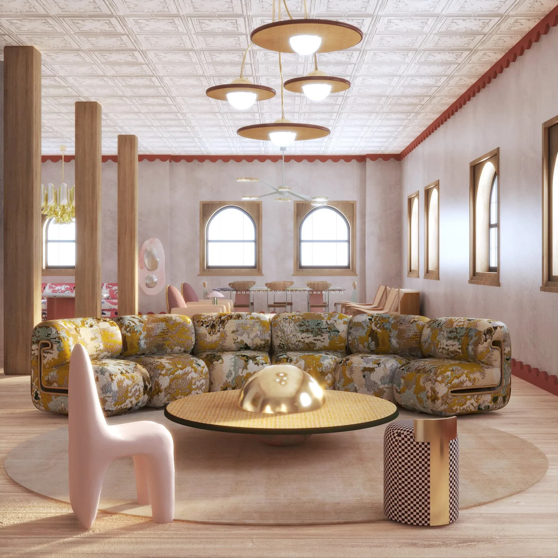 Luxurious lounge interior with curved floral-patterned sectional, pink sculptural chair, circular brass table, wooden columns, and geometric ceiling lights designed by Merve Kahraman.