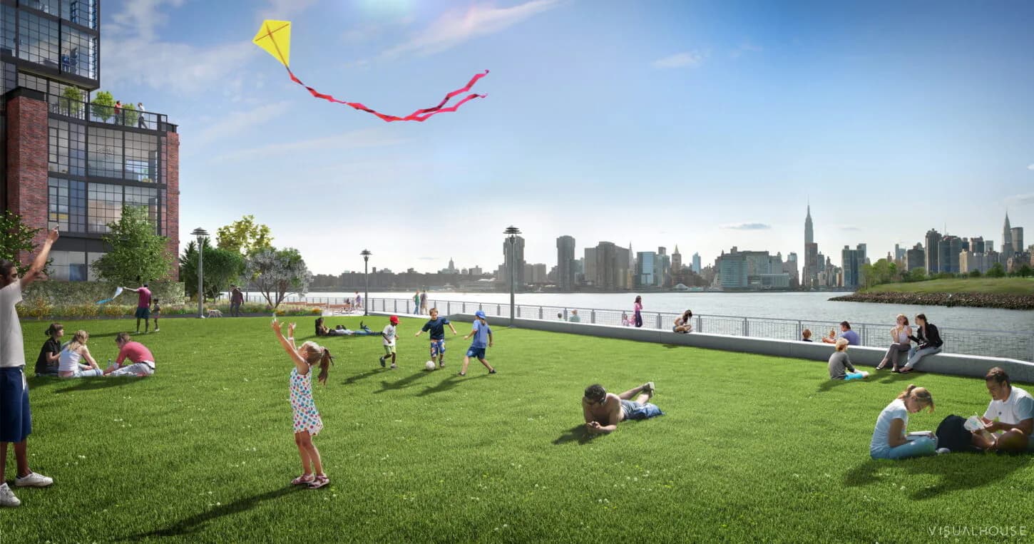 Waterfront park with green lawn, people relaxing and flying kites, Manhattan skyline in background, designed by Michael Arad.