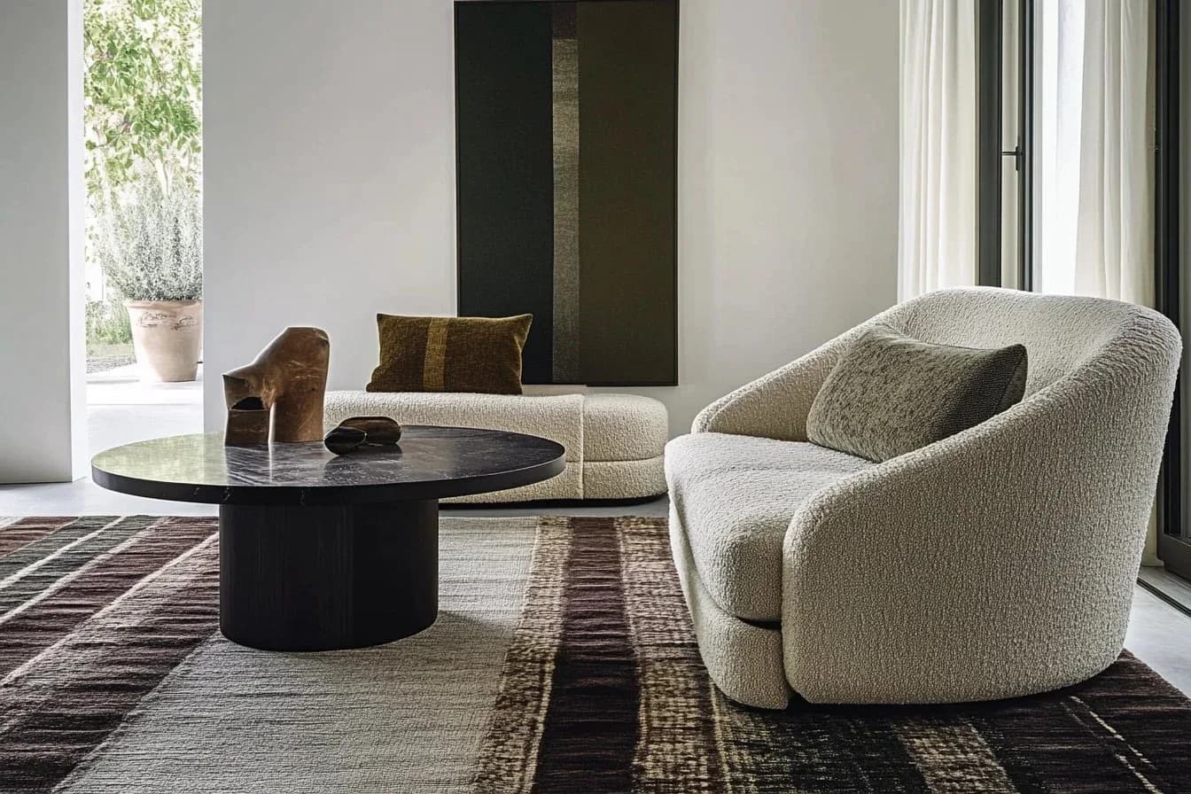 Contemporary living room with curved cream armchair, black round table, geometric area rug, and floor-to-ceiling windows by Michael Gilbride.