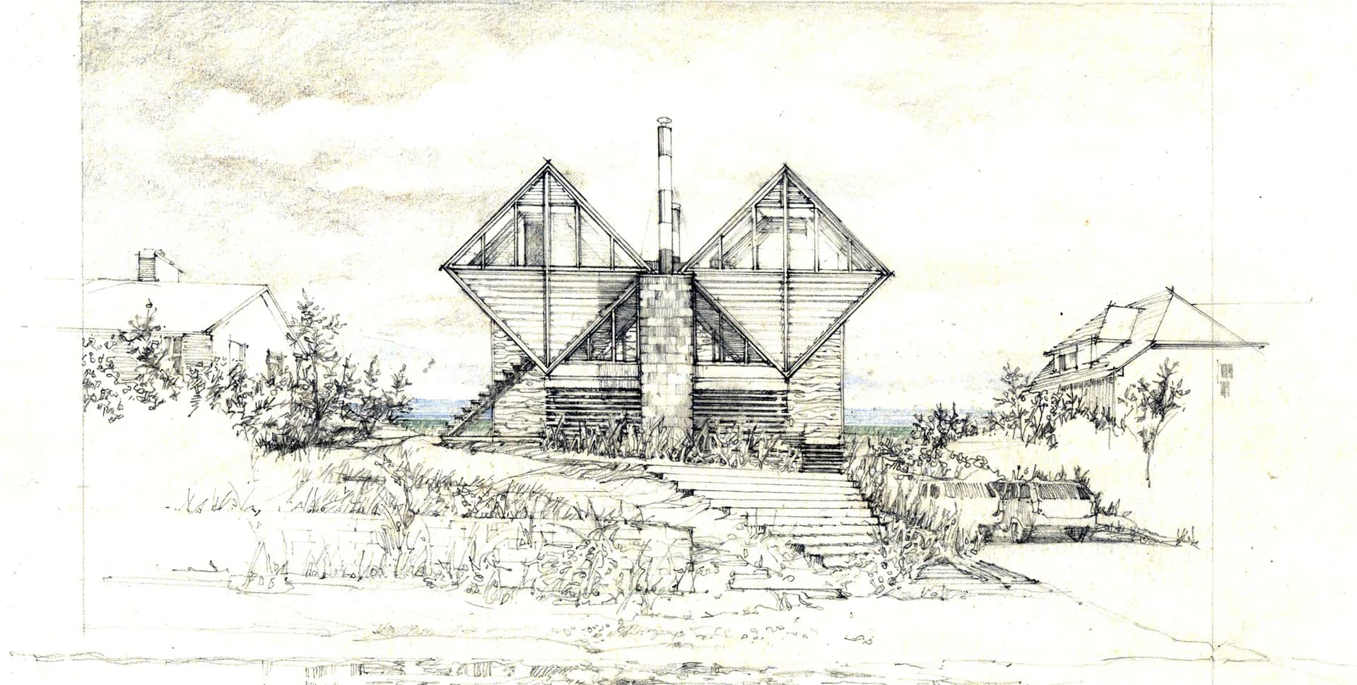 Architectural sketch of a diamond-shaped modernist structure with geometric forms, surrounded by landscaping and stairs, rendered in ink linework by Michelle Romano.