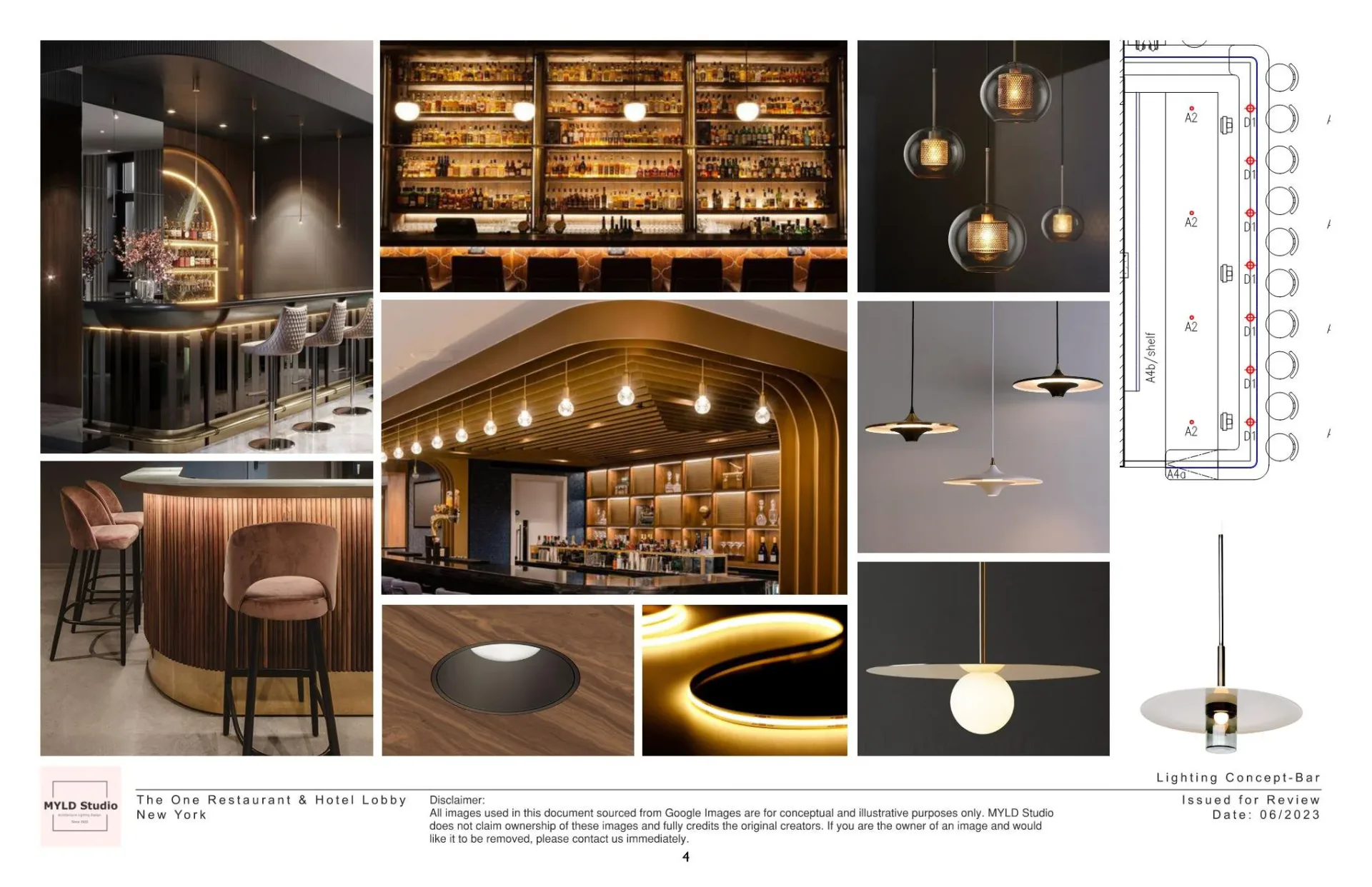 Luxury bar and lounge interior design with warm brass and black finishes, featuring backlit shelving, pendant lighting, and curved architectural elements by Michelle Yang.