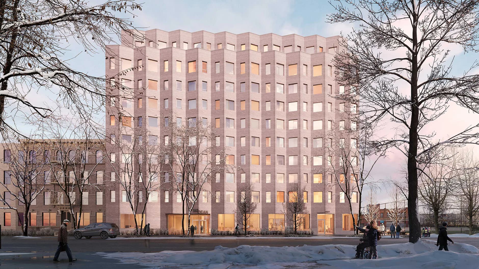 A contemporary brick residential tower with warm terracotta facade and regular window pattern, surrounded by bare trees and pedestrians in winter, by Mimi Hoang.