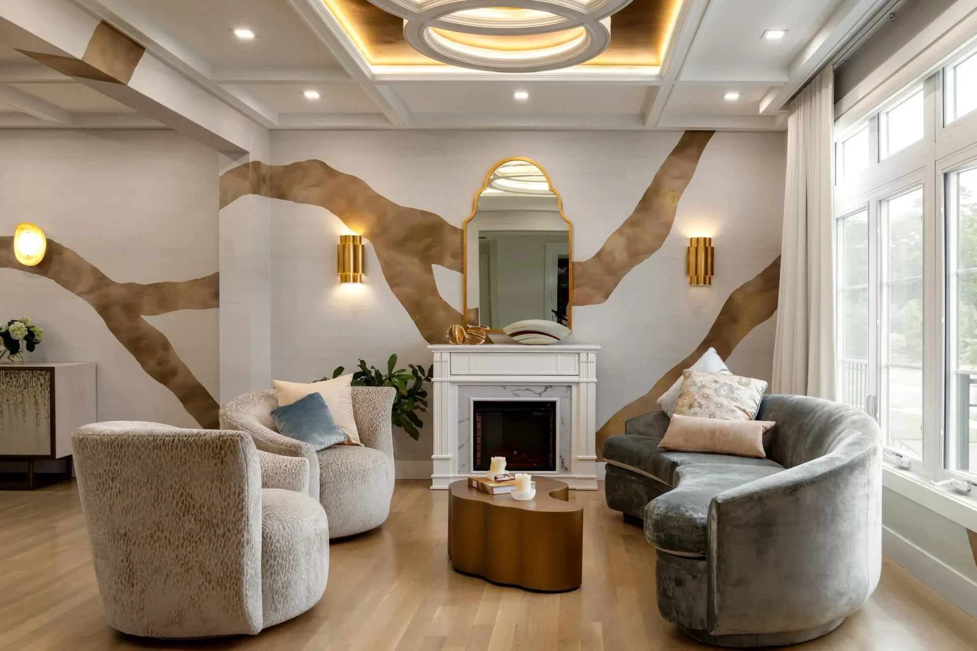 Luxurious living room with curved marble wall feature, white fireplace, brass accents, and contemporary seating by Miriam Lichtenstein.