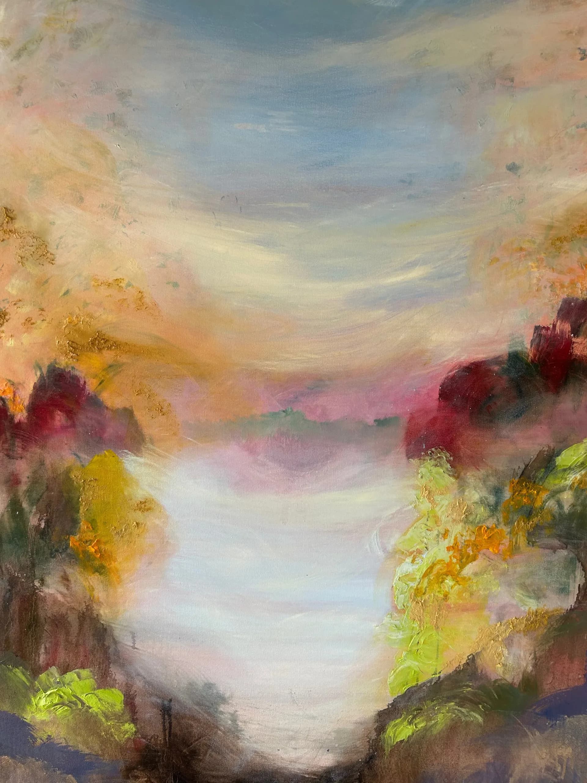 Abstract landscape painting with soft, blended colors featuring golden yellows, deep magentas, and cool blues, depicting a misty valley with glowing light by Monica Lederman.