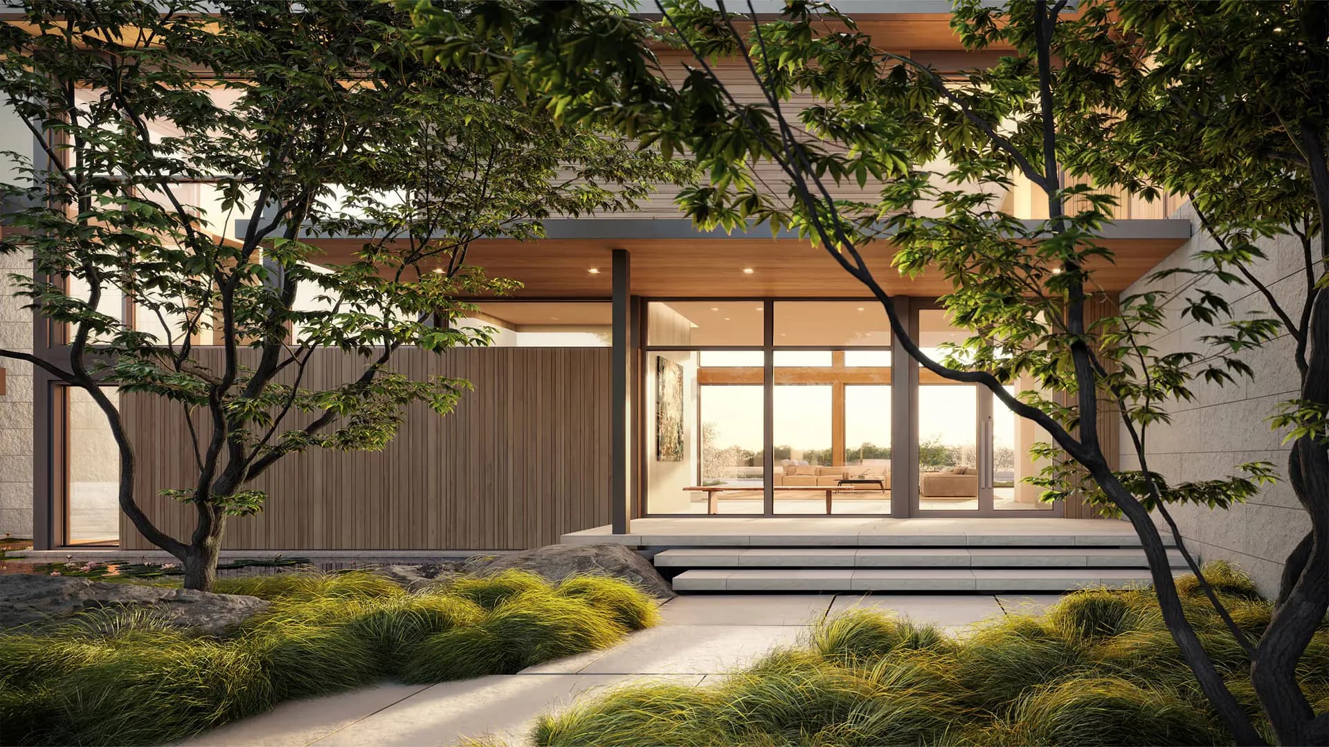 Modern minimalist residential exterior with floor-to-ceiling glazing, warm wood accents, and integrated landscape by Nagham Hamid.