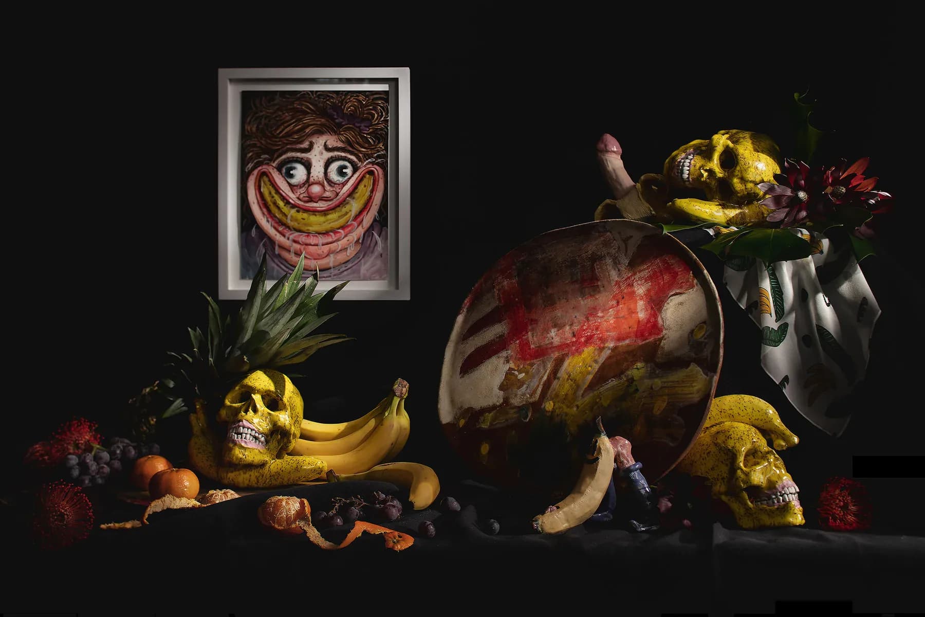 Dark still life arrangement featuring fresh fruits, vegetables, and a framed portrait with dramatic lighting and rich color palette by Nana Spears.
