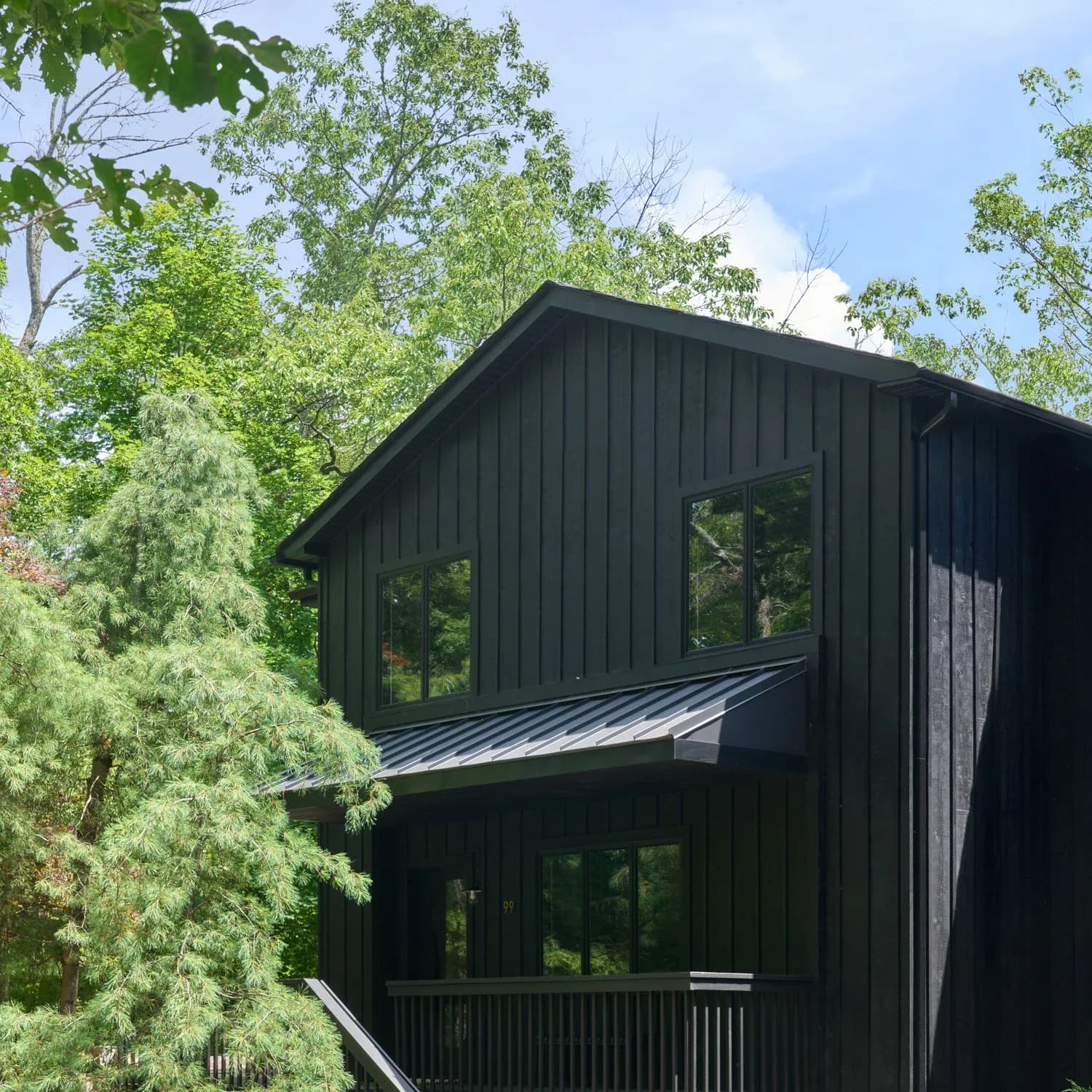 Modern black-clad residential tower with large windows nestled among green trees, featuring metal railings and contemporary architectural design by Nancy Nienberg.