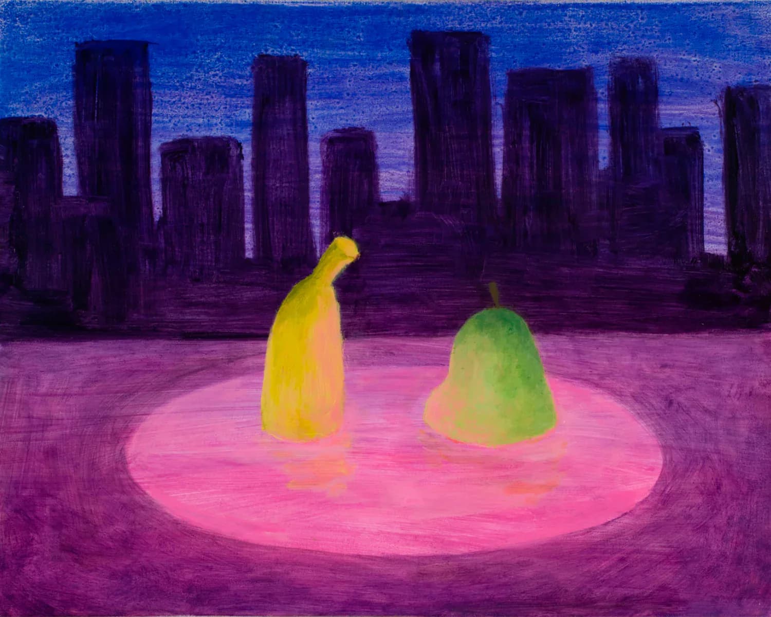 Surreal landscape with two glowing figures in yellow and green standing in a pink circle against a purple cityscape by Naomi Clark.