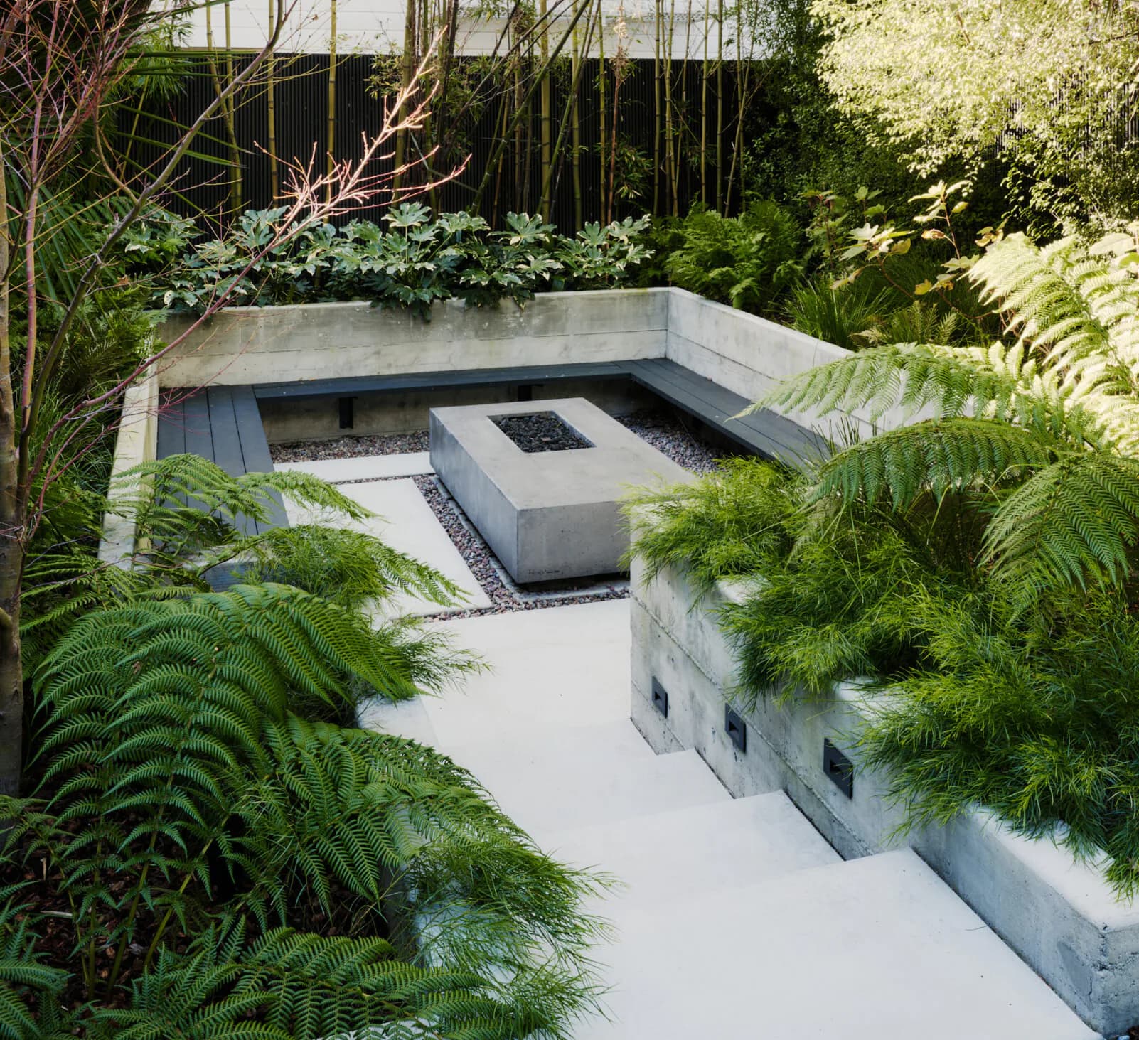 Contemporary sunken garden courtyard with concrete seating benches, geometric water feature, and lush green fern plantings by Nasim Mossabeh.