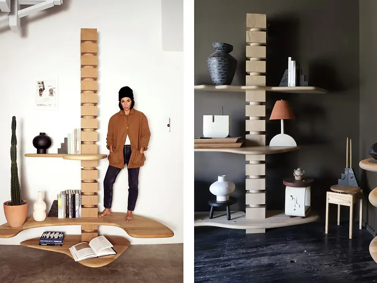 Two modern interior spaces featuring wooden architectural elements and neutral palettes—left side shows a minimalist room with stacked wood detail and earth tones, right side displays built-in shelving with curated objects and dark accent wall by Natalie Shook.