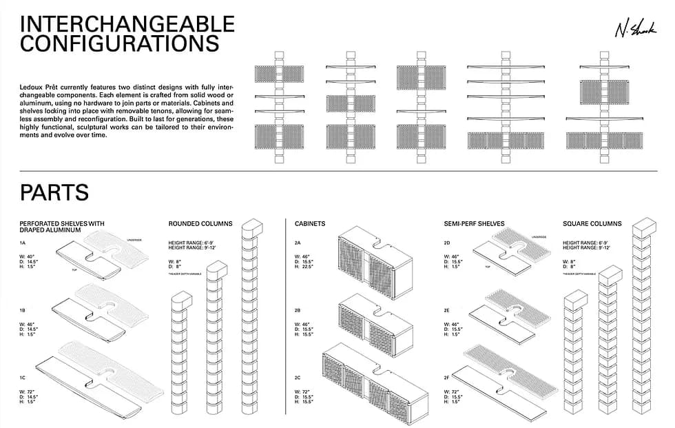 Technical schematic showing interchangeable modular furniture configurations with component parts including rounded columns, cabinets, shelf inserts, and square columns in various assembly arrangements by Natalie Shook.