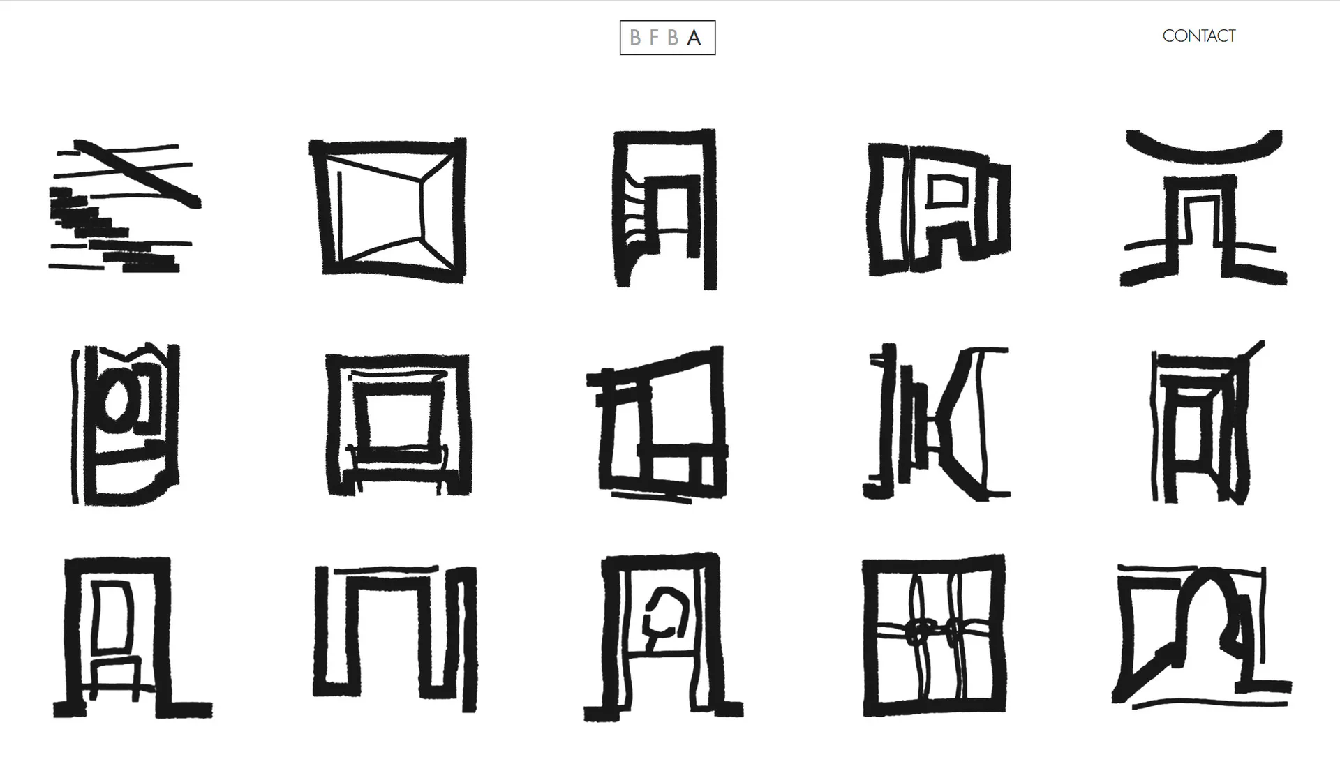 Architectural sketches and conceptual drawings of interior spaces and structural elements in black ink linework by Nathan Turoff.