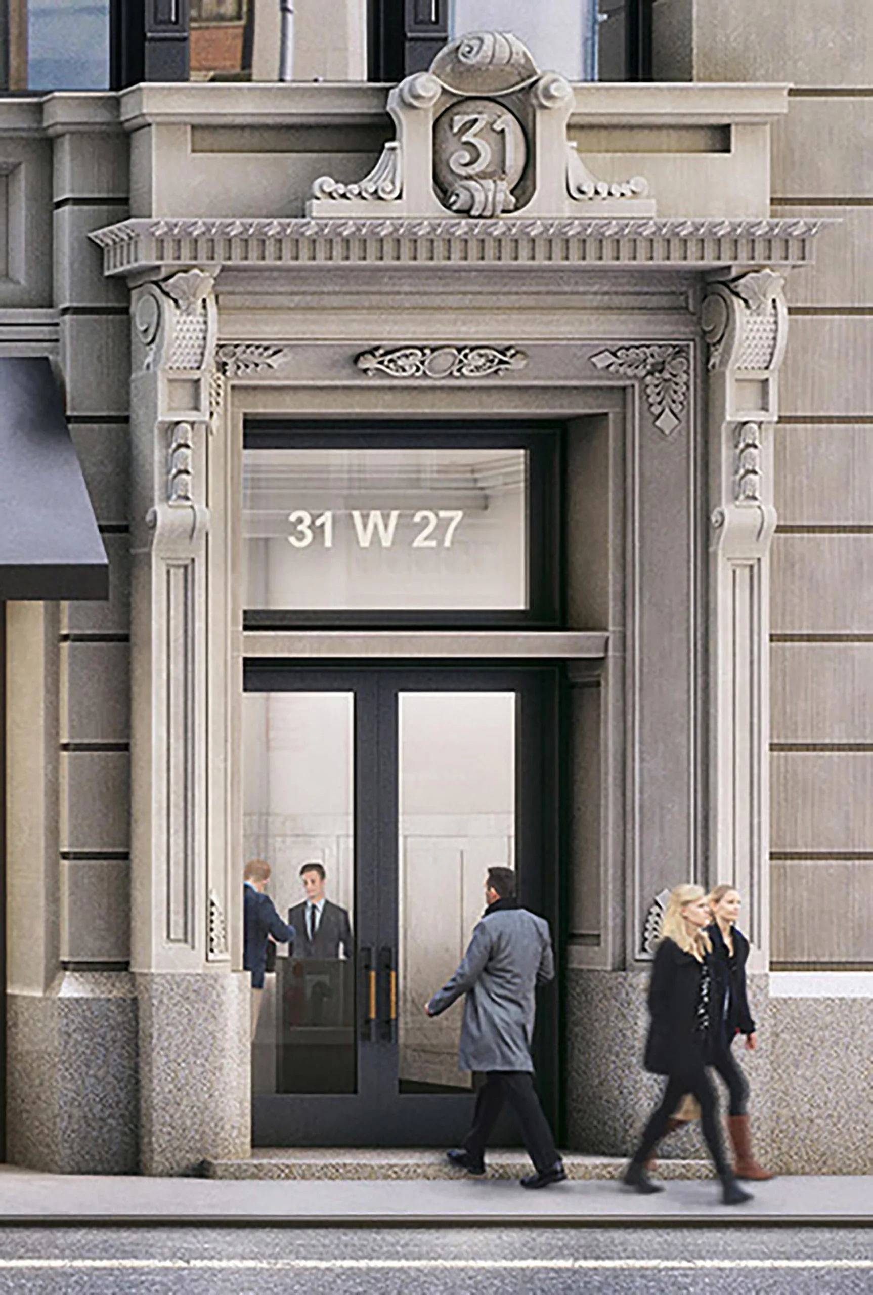 Modernist storefront entrance at 31 W 27 featuring stone surround with ornamental pediment, dark glass doors, and street-level pedestrian activity by Nduka Aliberi.