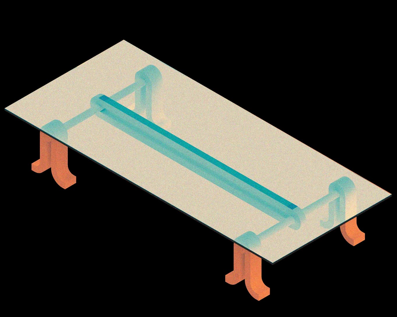 Isometric architectural rendering of a minimalist table with a glass top, teal-colored structural supports, and orange-red legs on a beige background by Nicholas Bijan Pourfard.