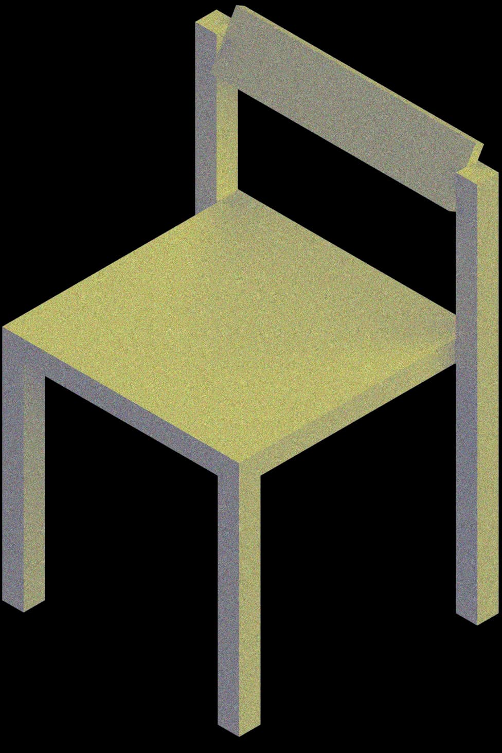 Isometric CGI rendering of a minimalist chair with a yellow-green seat and gray frame, featuring clean geometric proportions by Nicholas Bijan Pourfard.