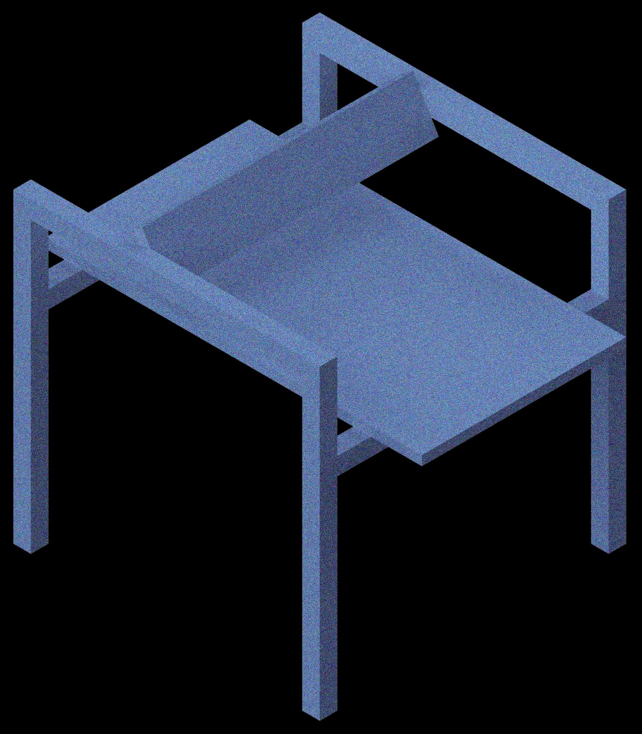 Isometric 3D rendering of a minimalist blue dining chair with geometric frame and seat structure by Nicholas Bijan Pourfard.
