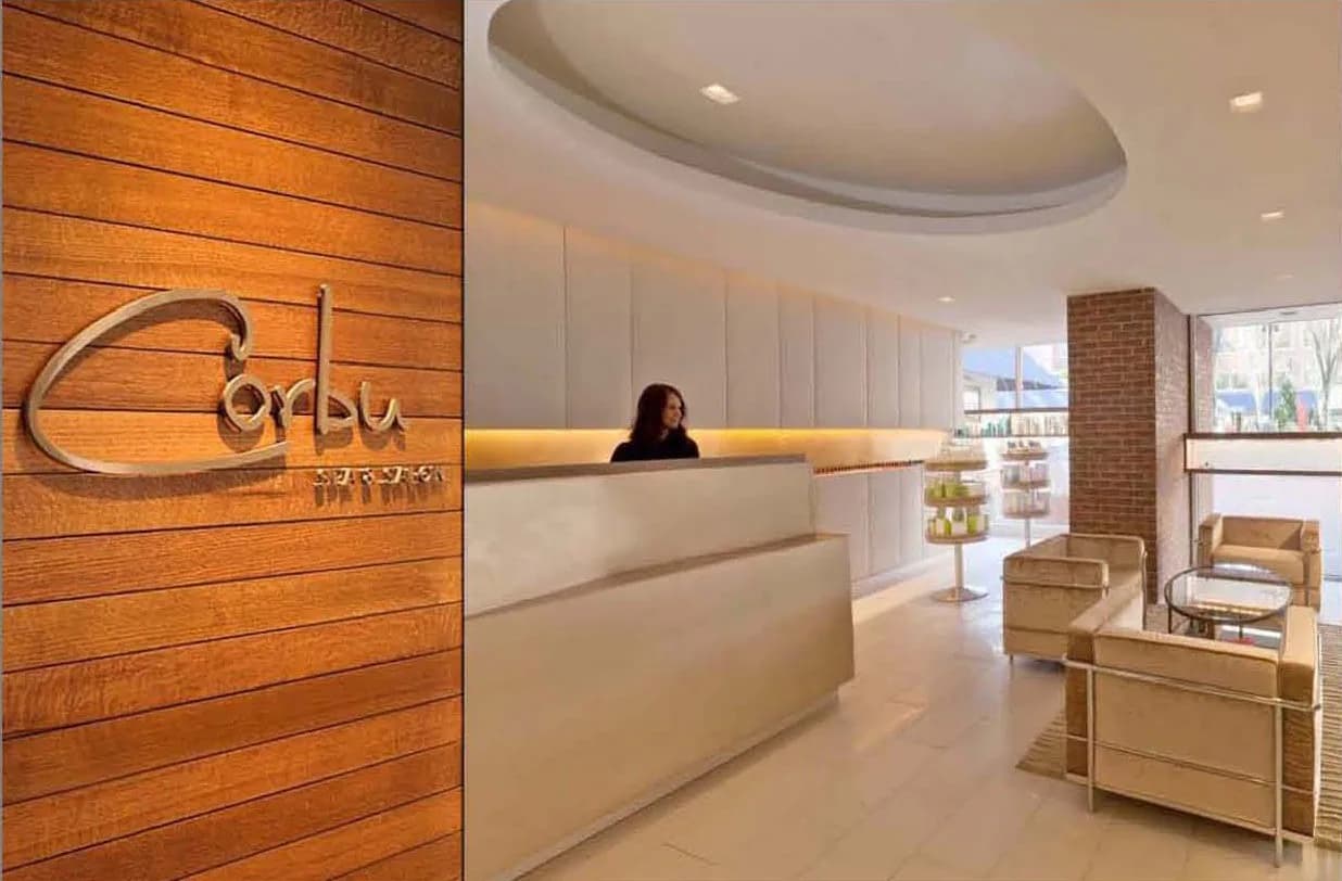 Modern reception area with warm wood-paneled wall, curved ceiling, cream desk, and branded signage by Nicholas Caruos.