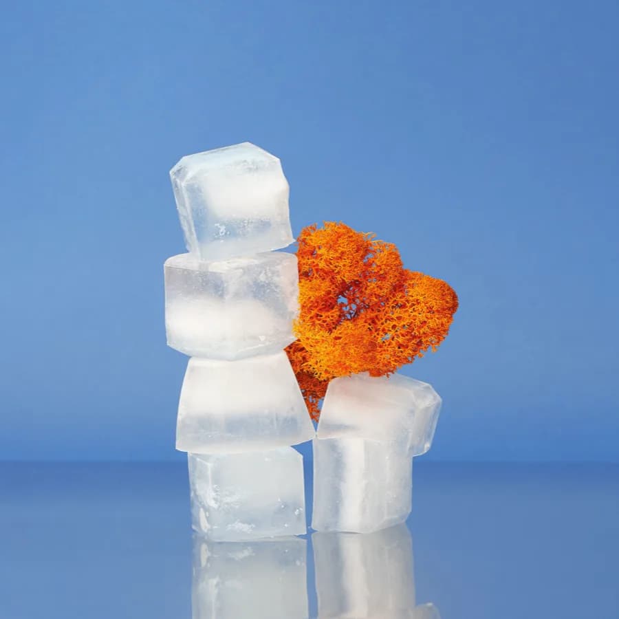 Stacked translucent ice cubes with an orange textured sculptural form positioned against a bright blue background, by Nicholas Devlin.