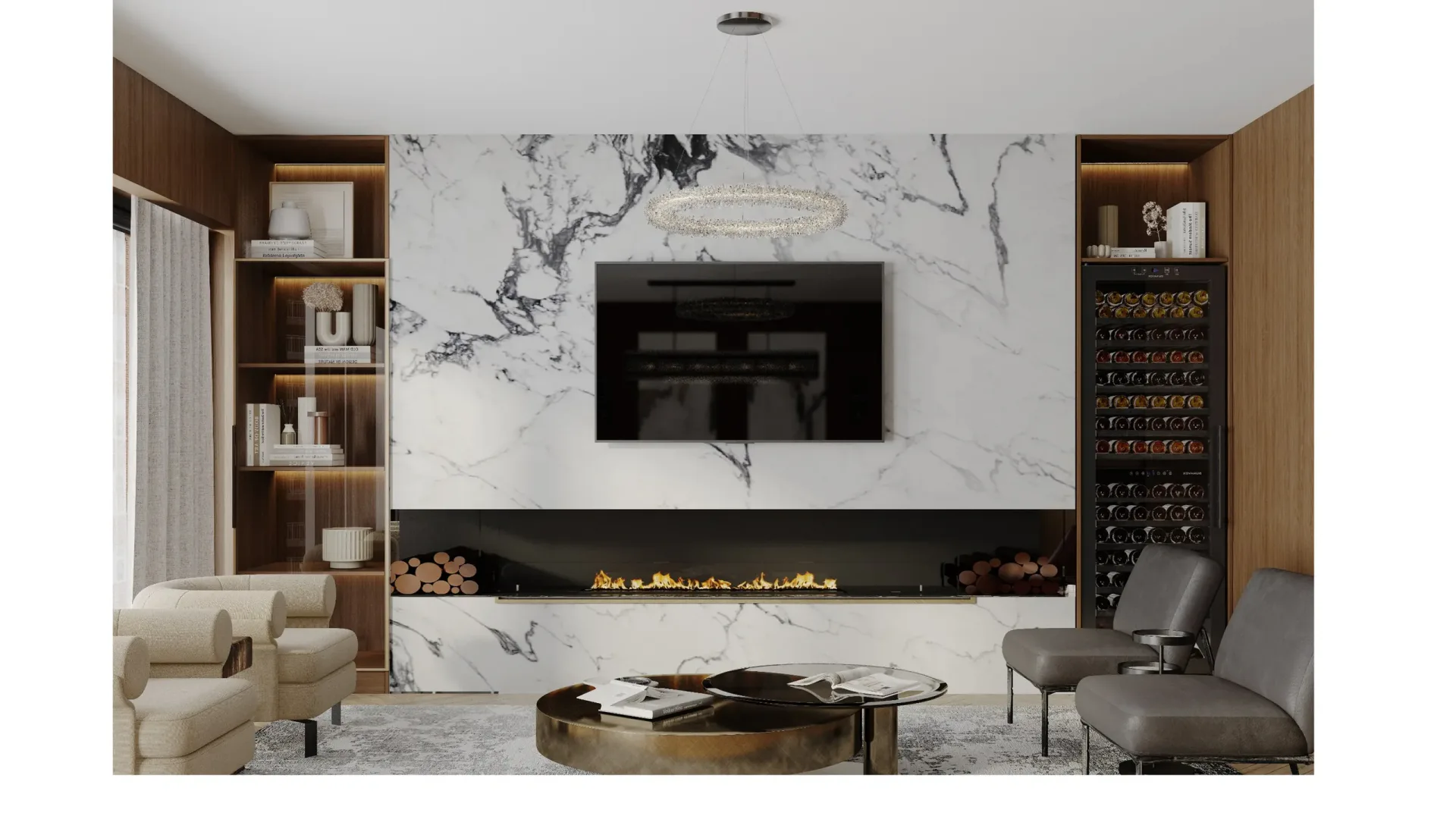 Luxury living room with marble fireplace wall, integrated black built-in entertainment unit, warm wood cabinetry, brass fireplace insert, and modern furnishings by Nina Nielsen-Norwood.