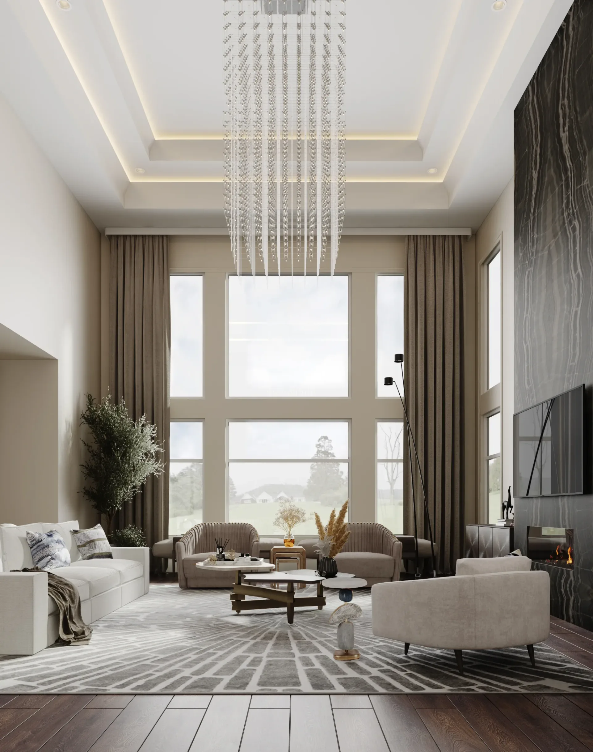 Luxurious double-height living room with floor-to-ceiling windows, crystal chandelier, taupe furnishings, dark wood flooring, and neutral palette by Nina Nielsen-Norwood.