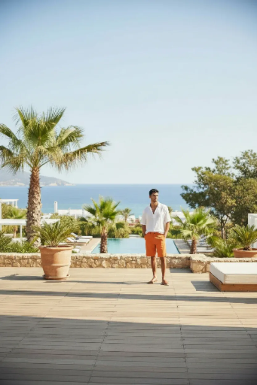 Luxurious Mediterranean terrace with wooden decking, palm trees, and sea views, featuring a swimming pool and stone architectural elements by Noel John.