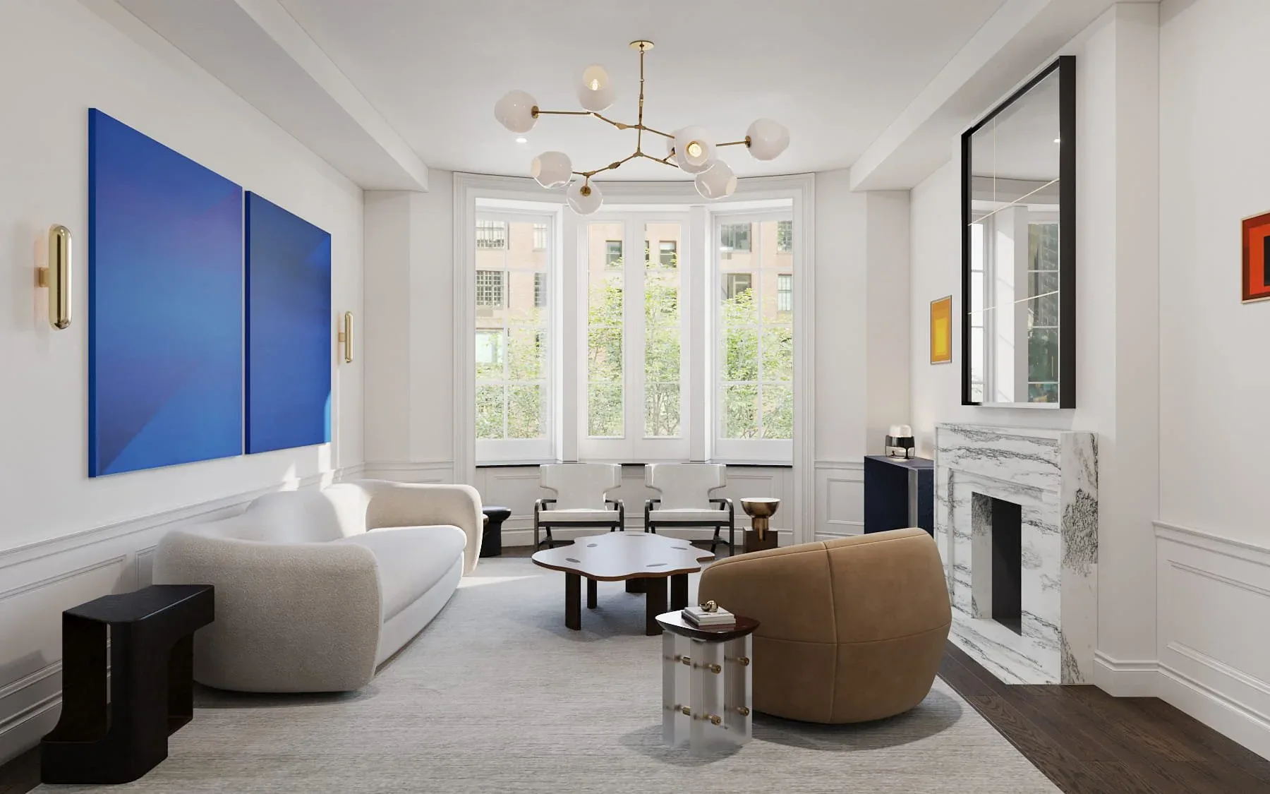 Modern living room with blue wall art, curved tan seating, fireplace, and large windows by Noha Hassan.