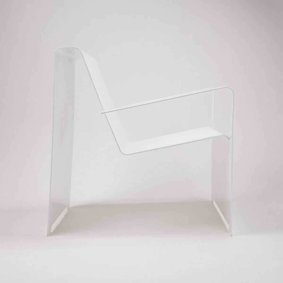 Minimalist white acrylic chair with angular geometric form and floating armrest, rendered with soft lighting by Oliver Sheu.