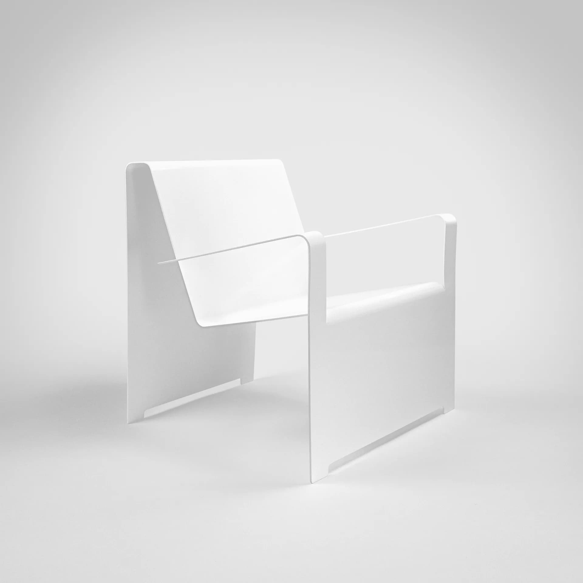 Minimalist white chair design with geometric forms and clean lines, rendered in soft studio lighting by Oliver Sheu.