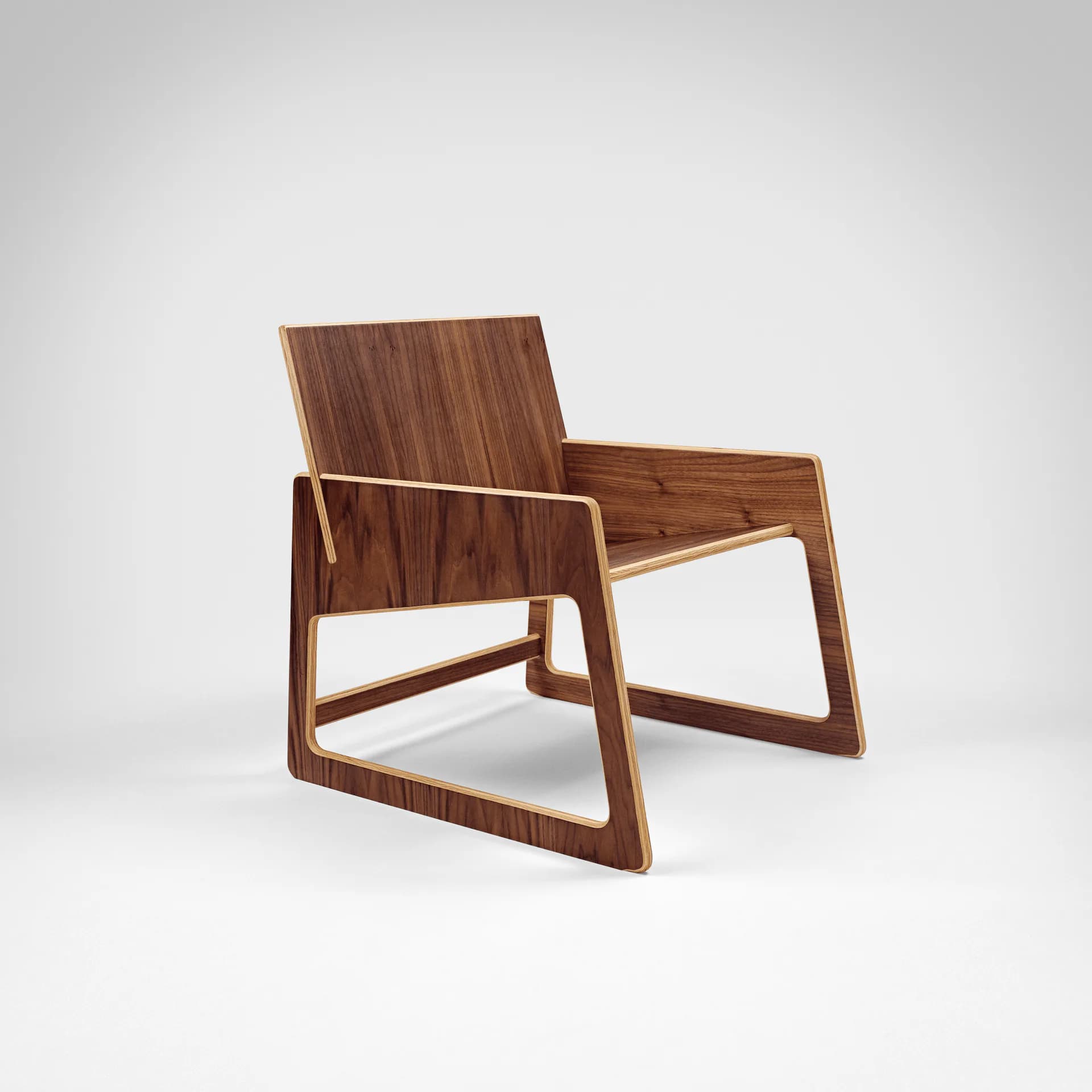 Modern wooden lounge chair with curved frame and slatted seat in warm walnut tones, rendered with studio lighting by Oliver Sheu.