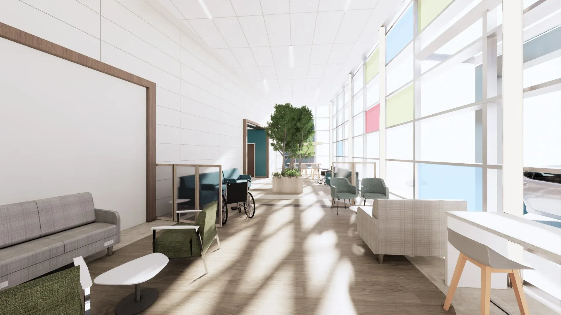 Modern open-plan office interior with natural light, minimalist furnishings, green plant accent, and colorful window panes by Parker Cutler.