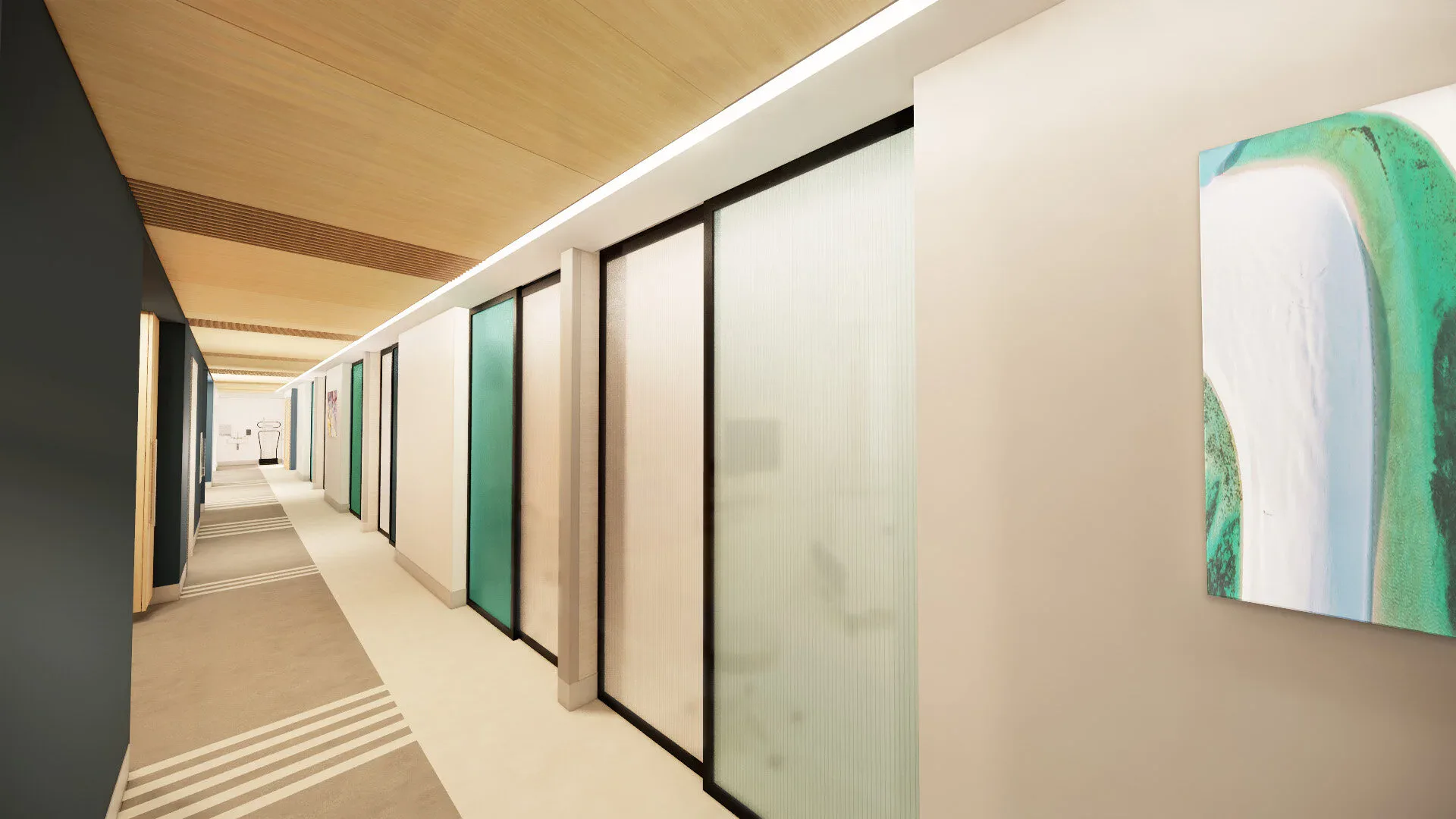 Modern corridor with frosted glass partition walls, warm wood ceiling, and minimalist aesthetic by Parker Cutler.