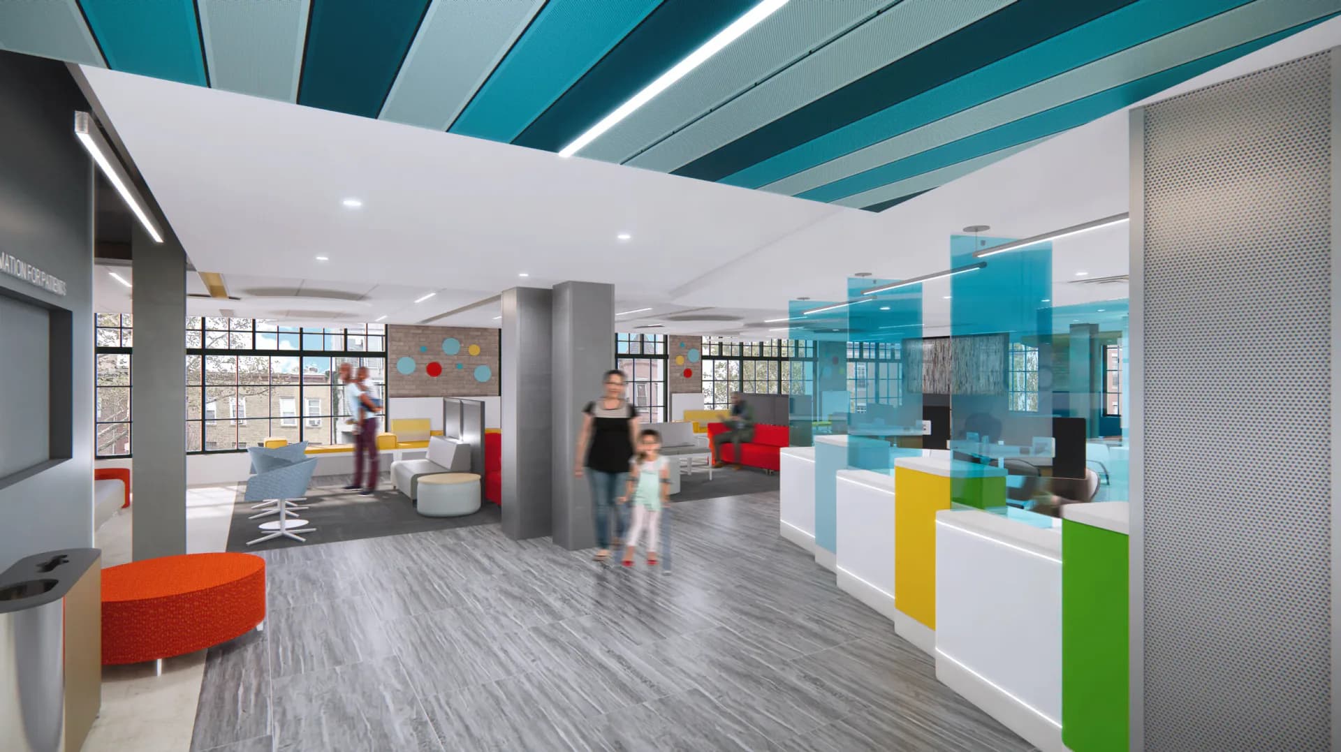 Bright pediatric clinic interior with turquoise striped ceiling, colorful storage cubbies, and playful furnishings by Parker Cutler.