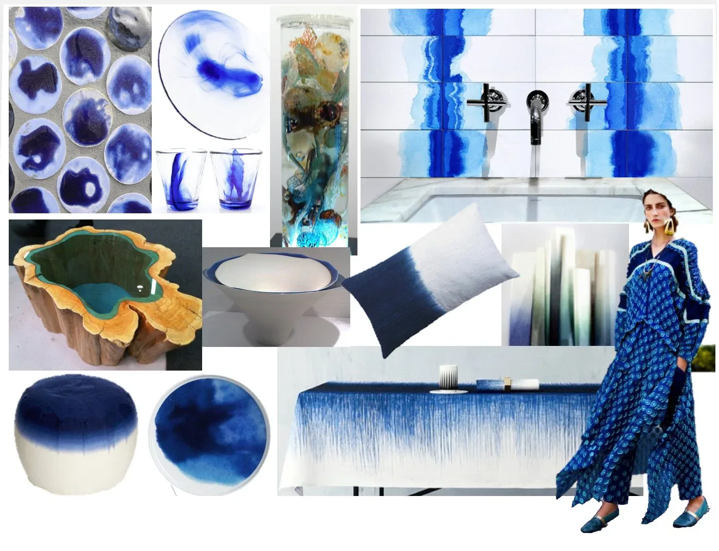 Collection of blue and white ceramic vessels, tableware, and textile designs featuring indigo patterns and glazes, by Patti Carpenter.